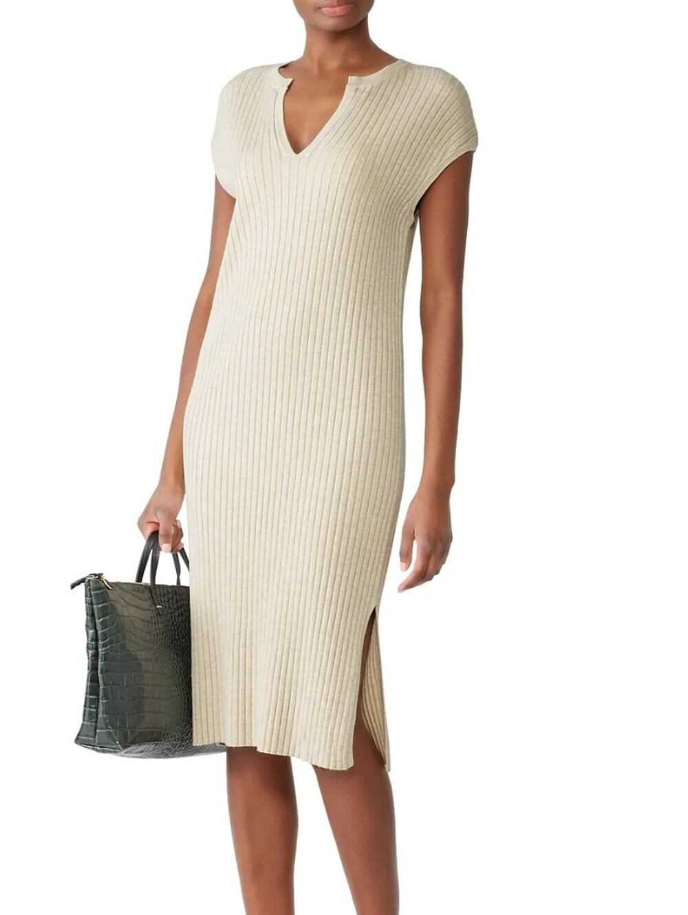 525 America Black Ribbed V-Neck Midi Dress with Side Slit